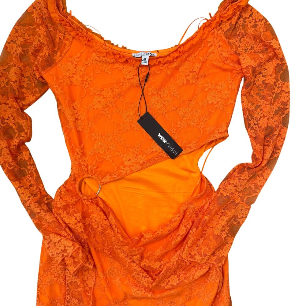 Fashion Nova One of One Lace Mini Dress Orange XL Clubbing Cutout Miami NWT - Picture 7 of 8